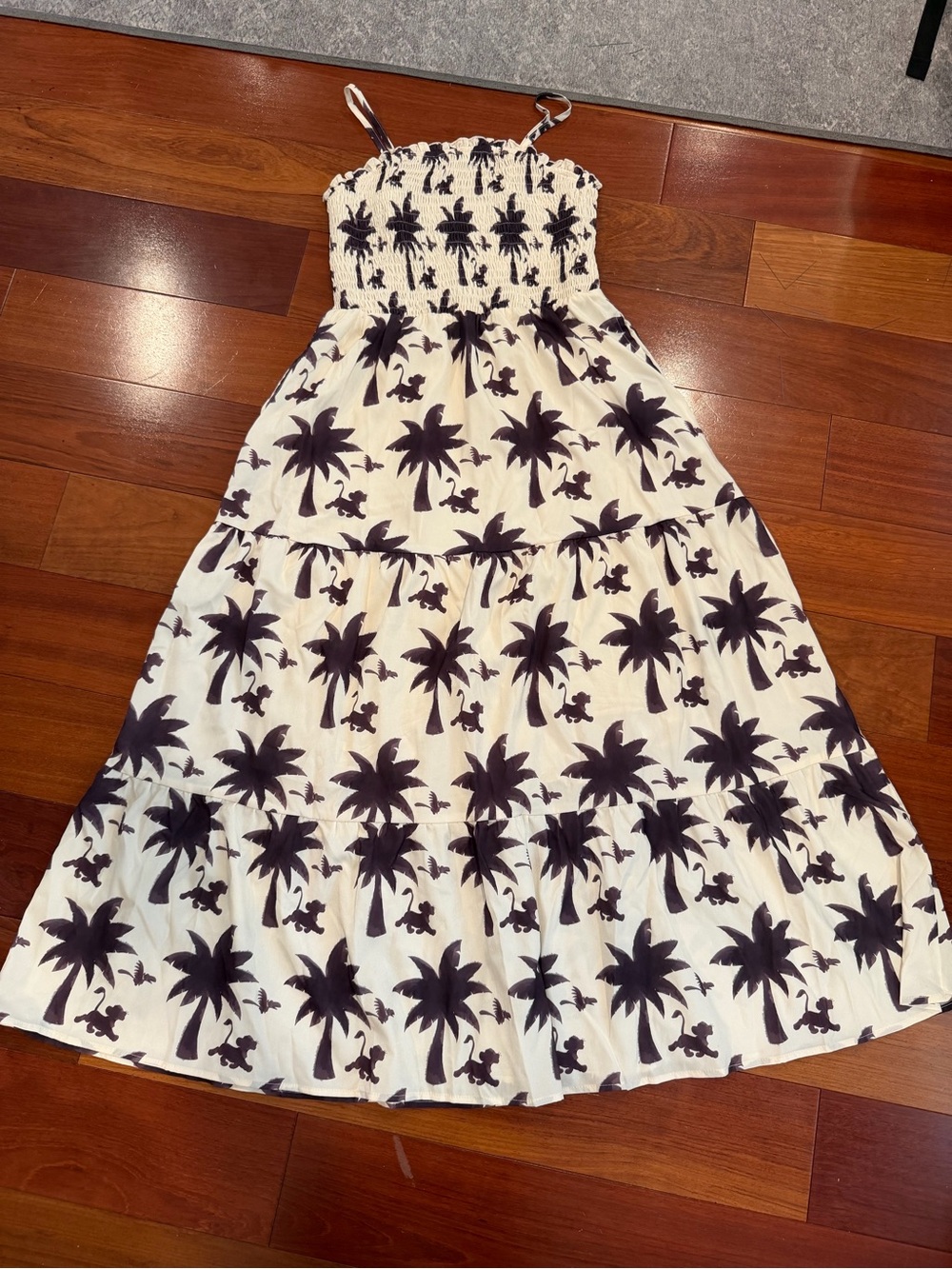 Disney Lion King • Smocked Tropical Palm Print Maxi Dress in Cream and Black